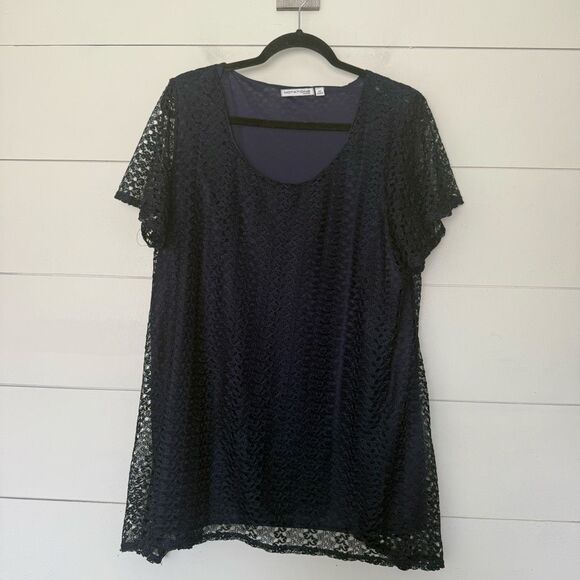 Notations Women’s 2X Navy Blue Crochet Lace Plus Size Top - Picture 1 of 5